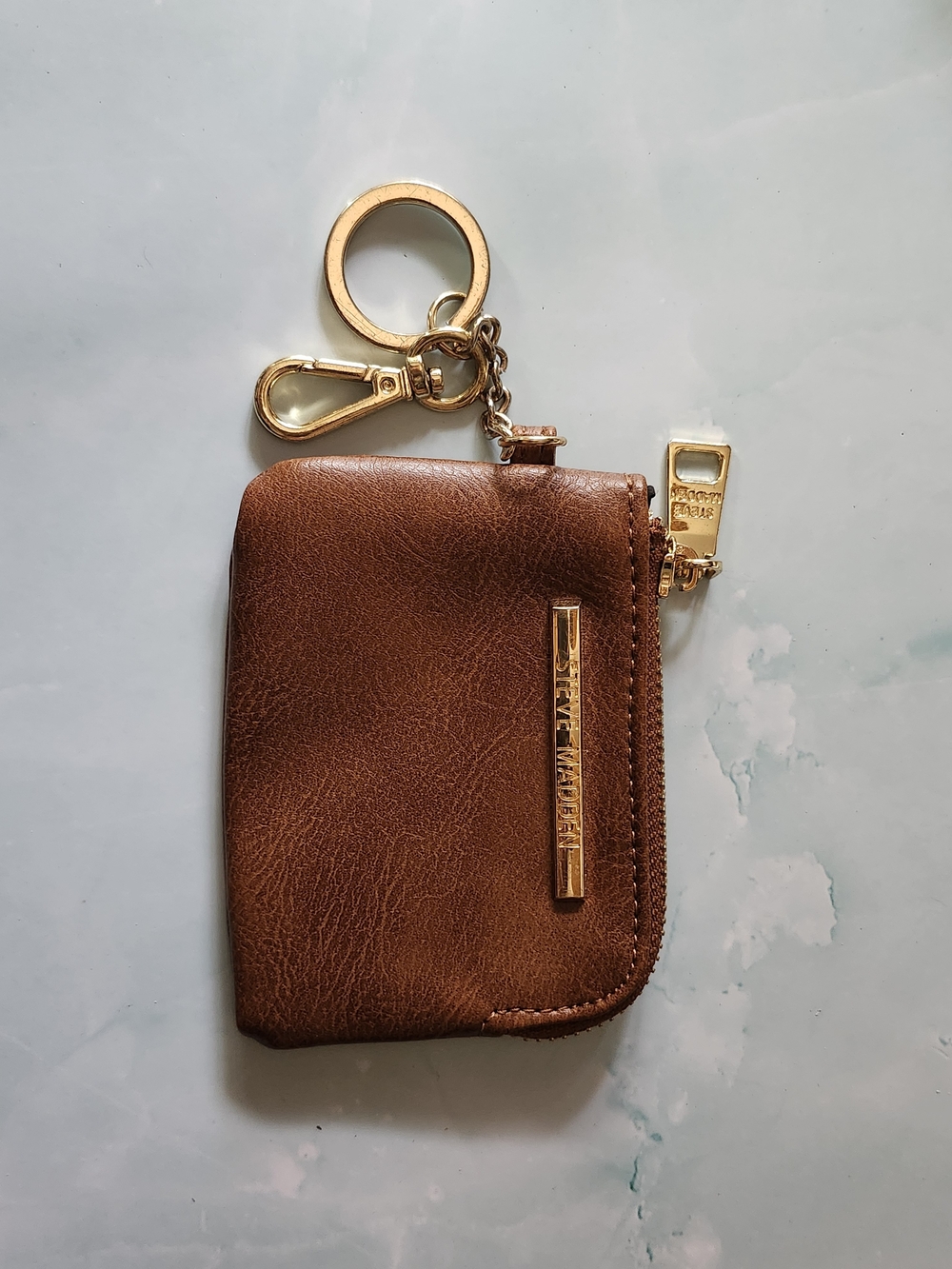 Steve Madden Brown Leather Key & Card Holder with Gold Hardware